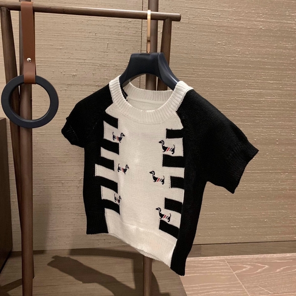 Thom Browne Embroidered Color Block Round Neck Short Sleeve Knit Sweater